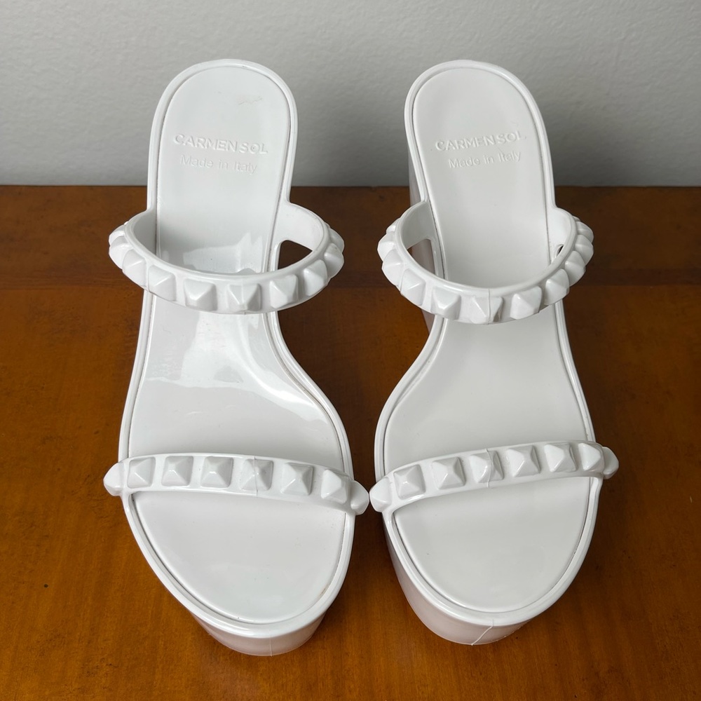 Carmen Sol White Pyramid-Stud Double Strap Wedge Sandals